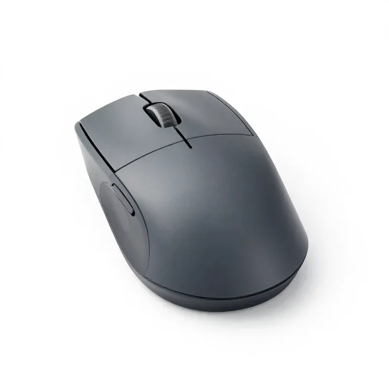 a wireless mouse in graphite, three-quarter view, single item fully visible and centred, isol...
