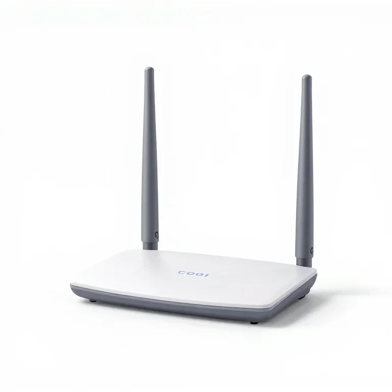 a wireless router with two antennas, three-quarter view, single item fully visible and centre...