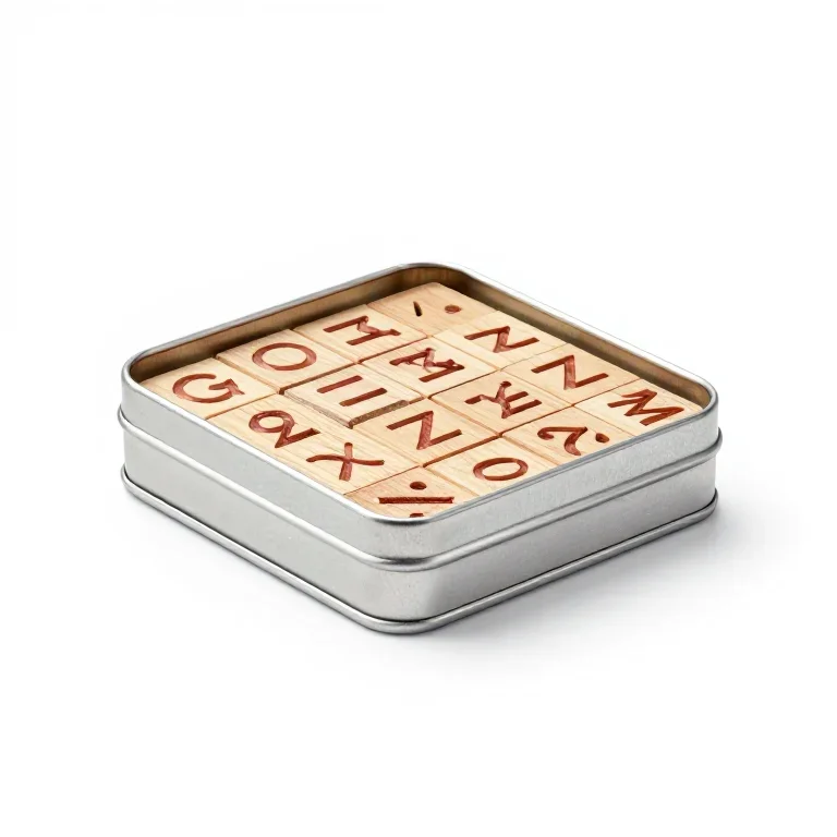 a wooden alphabet stamp set in a tin, three-quarter view, single item fully visible and centr...