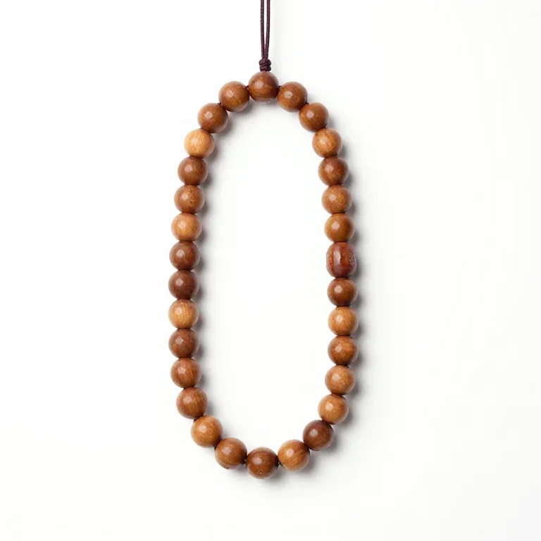 a wooden bead necklace on a cord, front view, single item fully visible and centred, isolated...