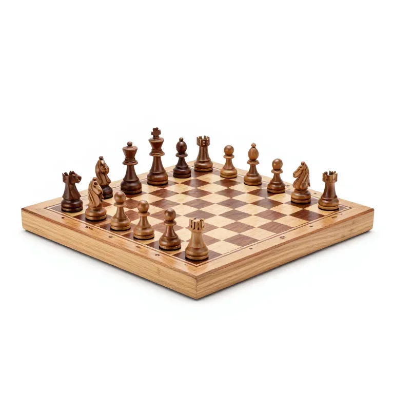 a wooden chess set with carved pieces on a matching board, high three-quarter view, single it...