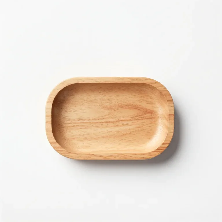 a wooden key tray with a small dish, top-down view, single item fully visible and centred, is...