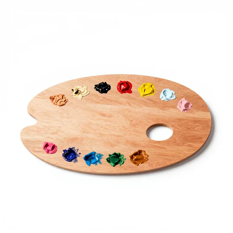 a wooden paint palette with dried paint, front view, single item fully visible and centred, i...