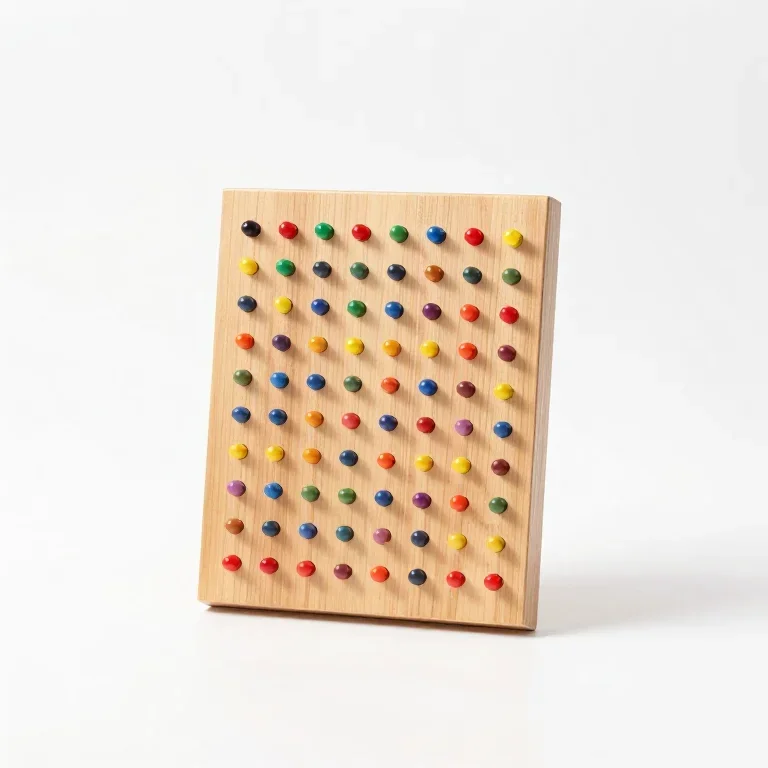 a wooden pegboard with coloured pegs, front view, single item fully visible and centred, isol...