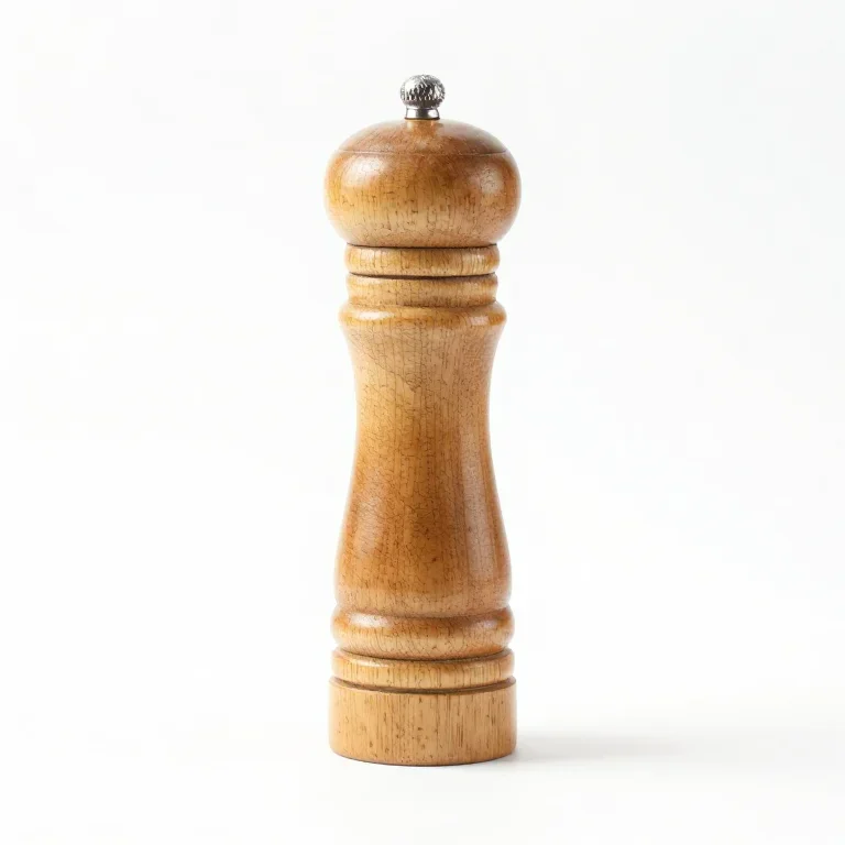 a wooden pepper mill, three-quarter view, single item fully visible and centred, isolated on...
