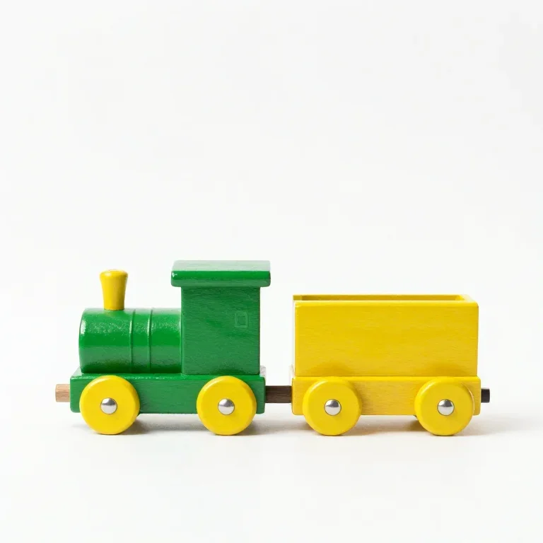 a wooden pull-along toy train in green and yellow, side profile view, single item fully visib...
