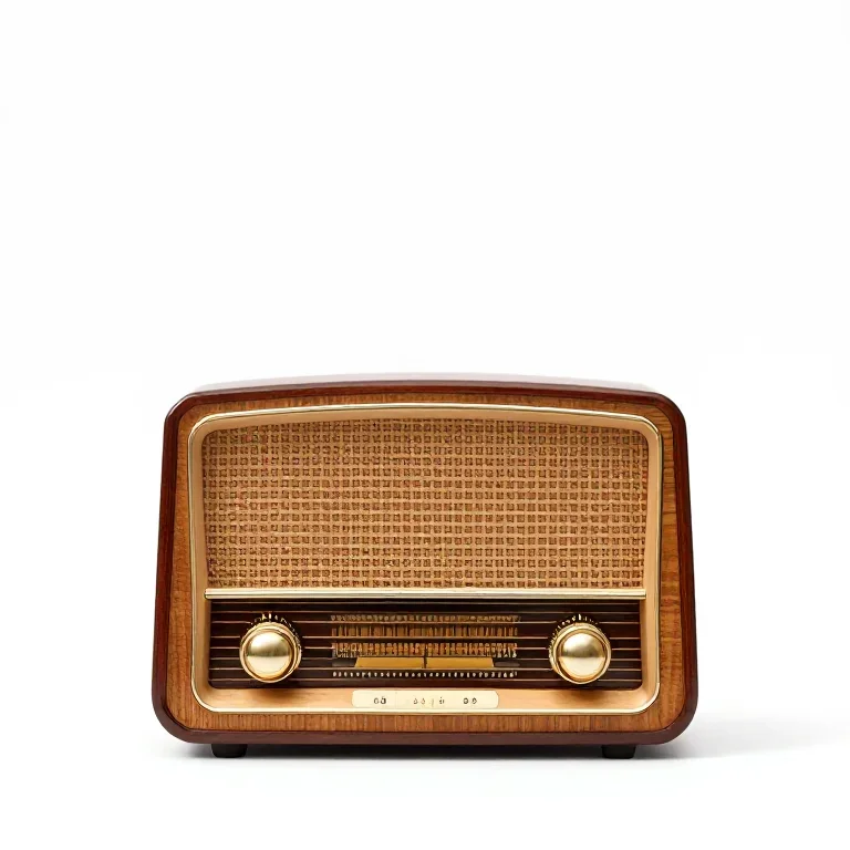 a wooden retro radio with a fabric grille, front view, single item fully visible and centred,...
