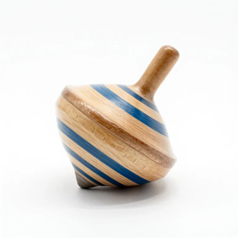 a wooden spinning top in striped paint, tilted three-quarter view, single item fully visible...