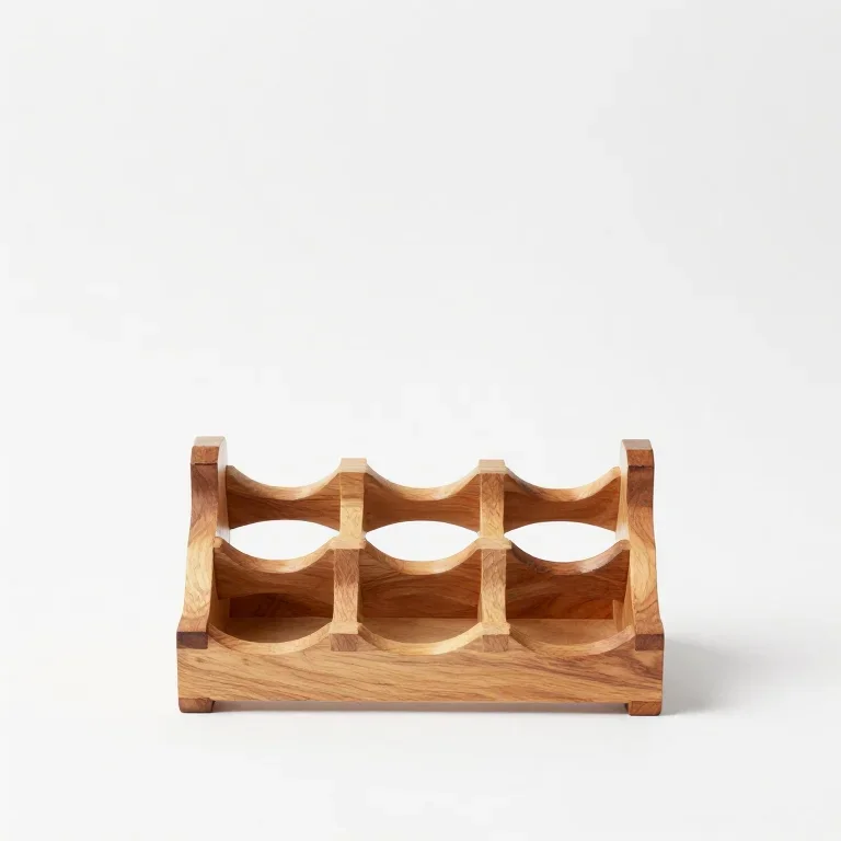 a wooden wine rack with six slots, front view, single item fully visible and centred, isolate...