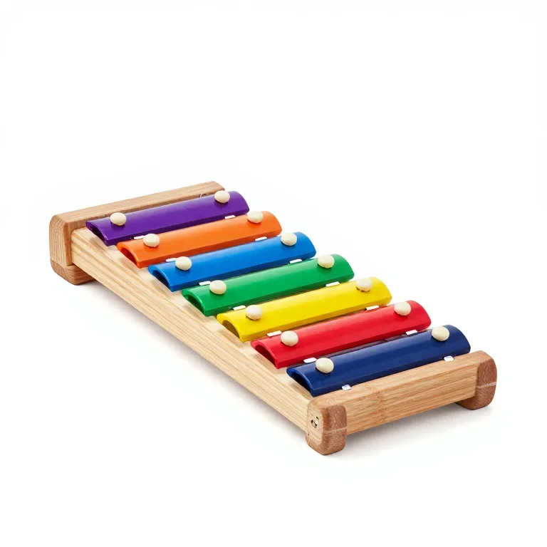 a wooden xylophone with coloured bars, three-quarter view, single item fully visible and cent...