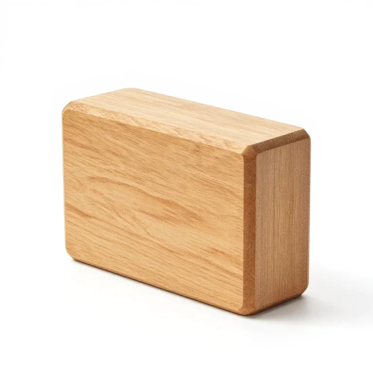 a wooden yoga block, three-quarter view, single item fully visible and centred, isolated on a...