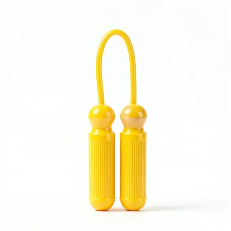 a yellow plastic jump rope with wooden handles, front view, single item fully visible and cen...