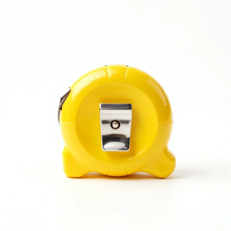 a yellow retractable tape measure, front view, single item fully visible and centred, isolate...