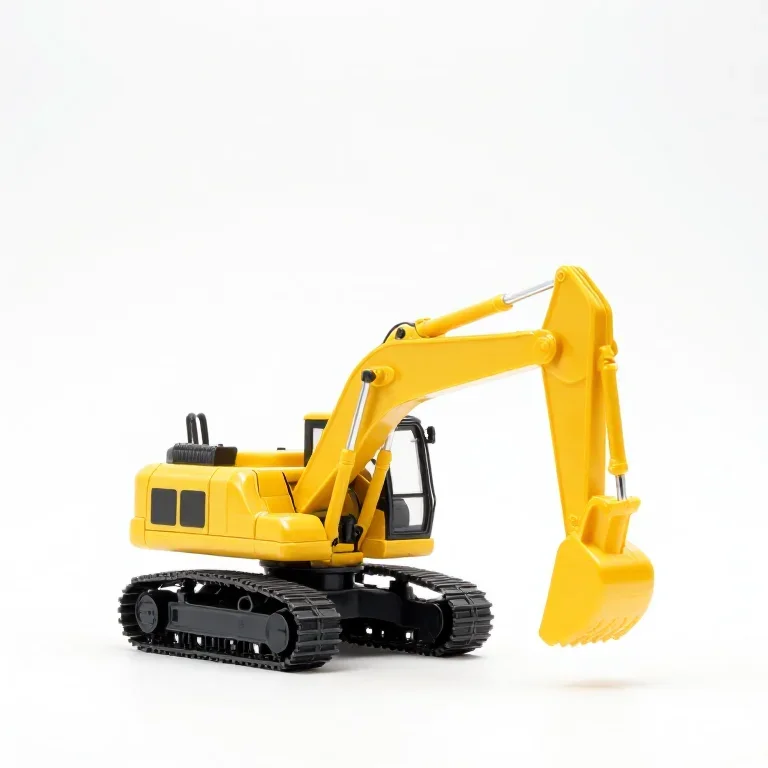 a yellow toy excavator on a tracked base, three-quarter view, single item fully visible and c...