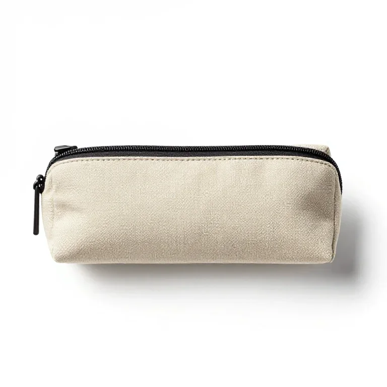 a zippered pencil case in canvas, top-down view, single item fully visible and centred, isola...