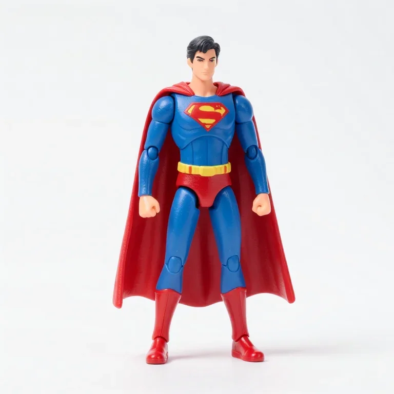an action figure of a caped superhero in red and blue, three-quarter view, single item fully...