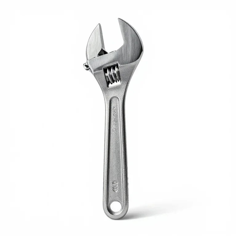 an adjustable wrench in brushed steel, side view, single item fully visible and centred, isol...