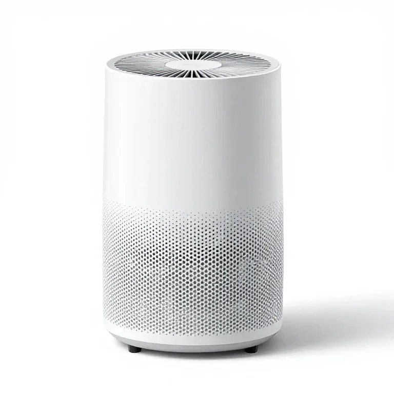 an air purifier with a rounded body, three-quarter view, single item fully visible and centre...