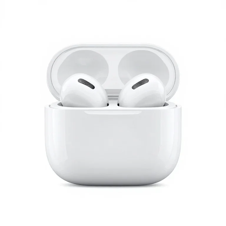 an earbud case in glossy white, three-quarter view, single item fully visible and centred, is...