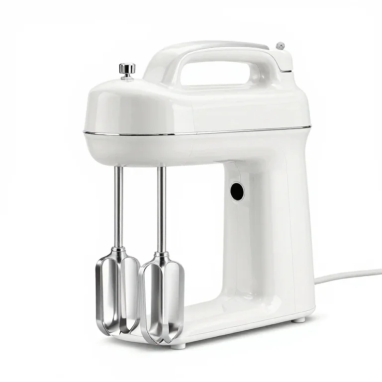 an electric hand mixer with two beaters, side view, single item fully visible and centred, is...