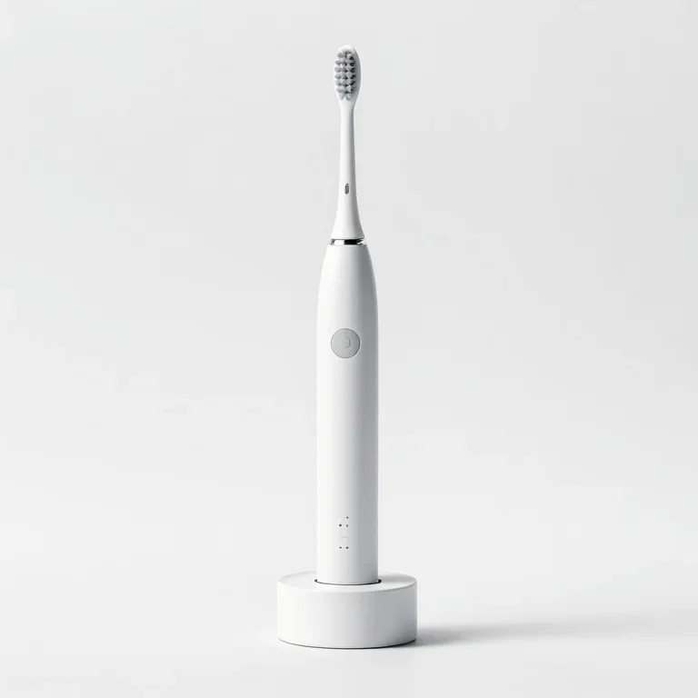 an electric toothbrush on a charging base, side view, single item fully visible and centred,...