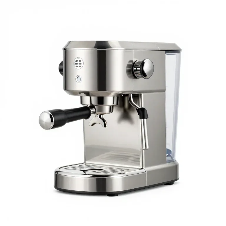 an espresso machine in stainless steel, three-quarter view, single item fully visible and cen...