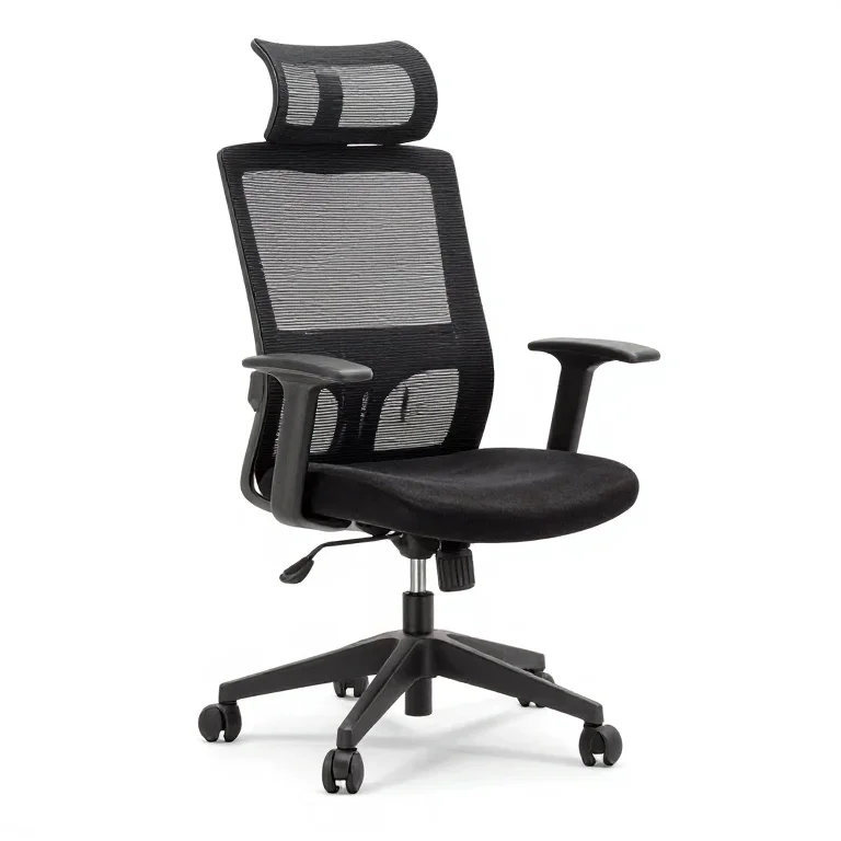 an office task chair with a mesh back, three-quarter view, single item fully visible and cent...