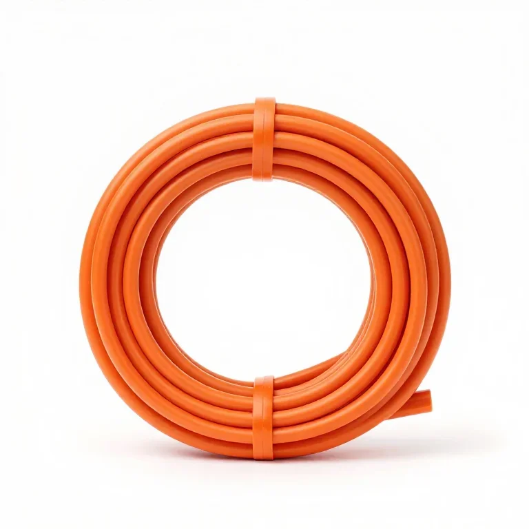 an orange extension lead coiled in a loop, front view, single item fully visible and centred,...