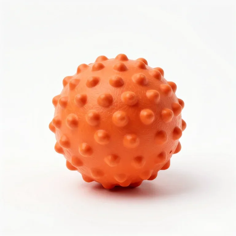 an orange rubber ball with a knobbly surface, front view, single item fully visible and centr...