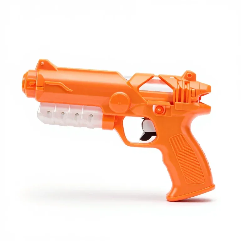an orange water blaster pistol in soft plastic, side view, single item fully visible and cent...