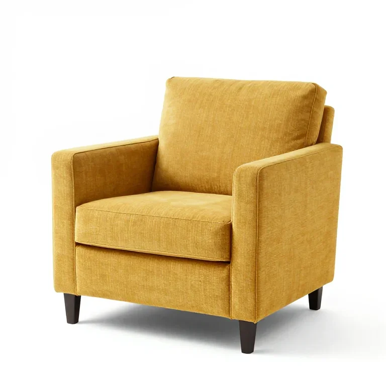 an upholstered armchair in mustard fabric, three-quarter view, single item fully visible and...