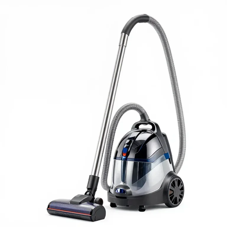 an upright vacuum cleaner with a hose, side view, single item fully visible and centred, isol...