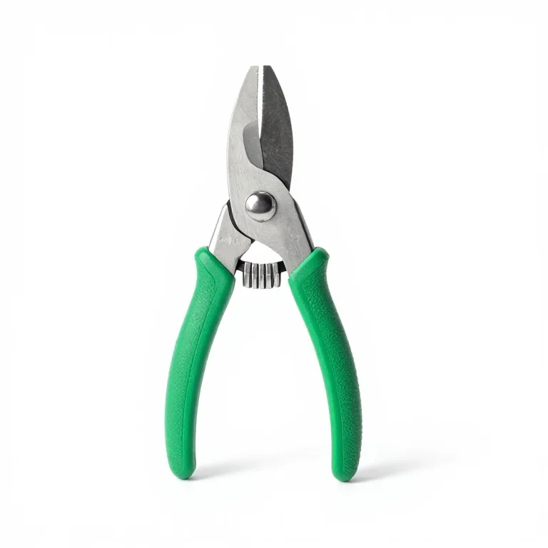 bypass pruning shears with green grips, three-quarter view, single item fully visible and cen...