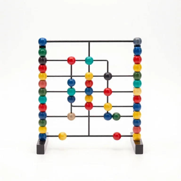 coloured wooden beads threaded on a bead maze frame, front view, single item fully visible an...