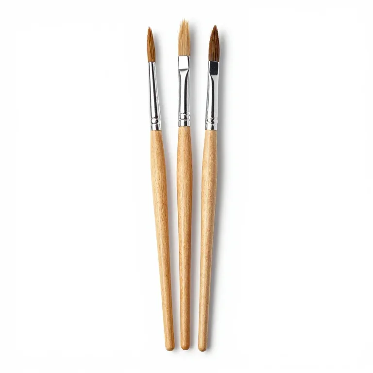 three paintbrushes with wooden handles, front view, single item fully visible and centred, is...
