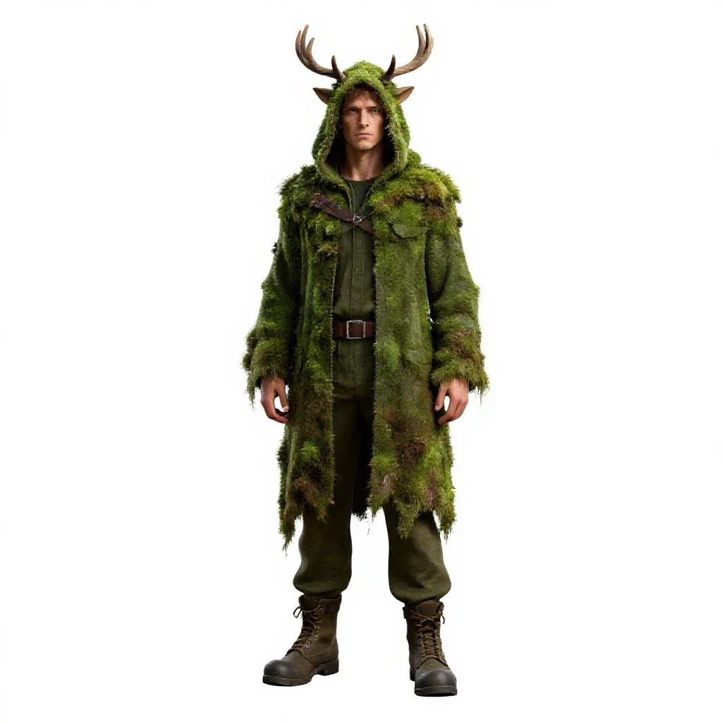 Druid cloaked in moss and antlers isolated on a white background