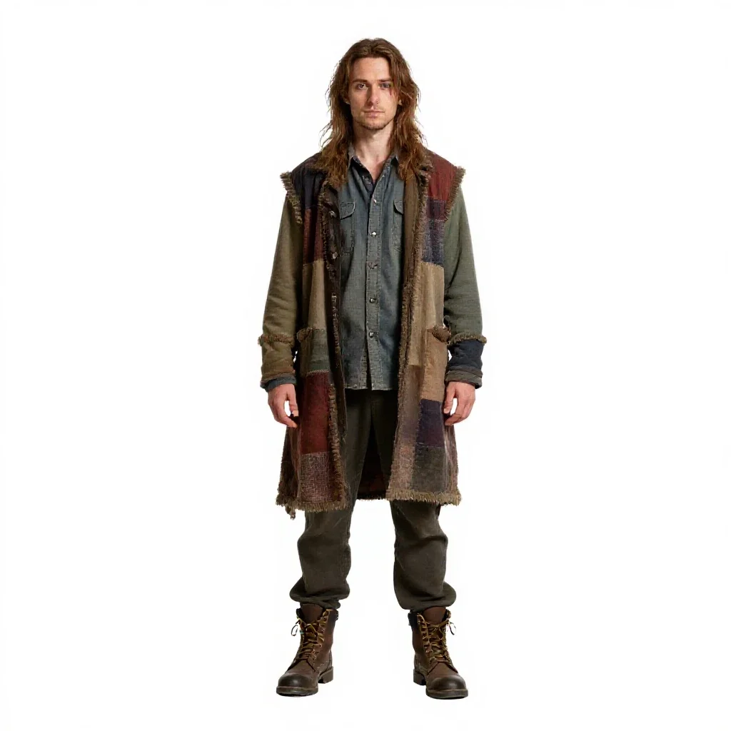 Fae trickster in patchwork isolated on a white background