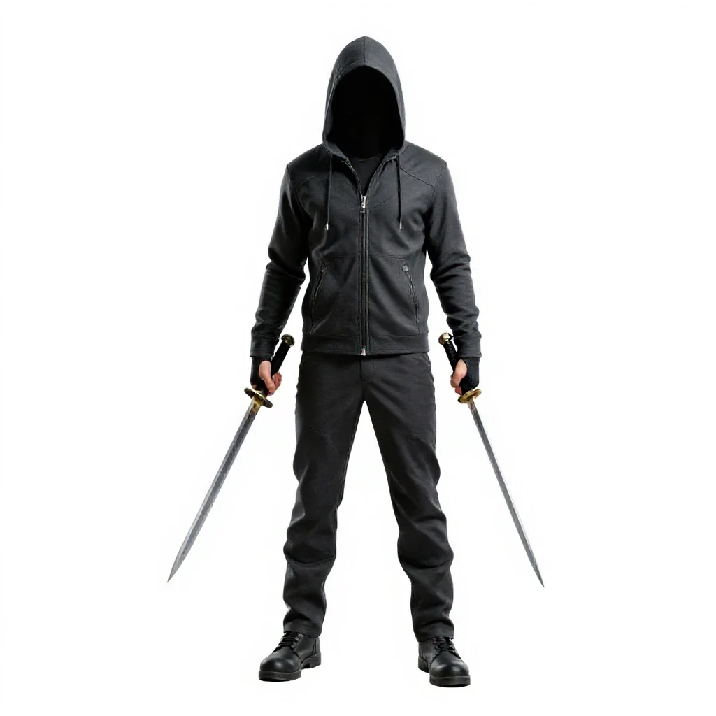 Hooded rogue with twin daggers isolated on a white background
