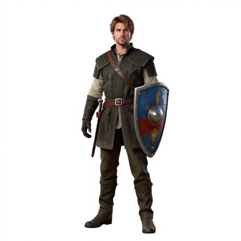 Knight errant with a battered shield isolated on a white background