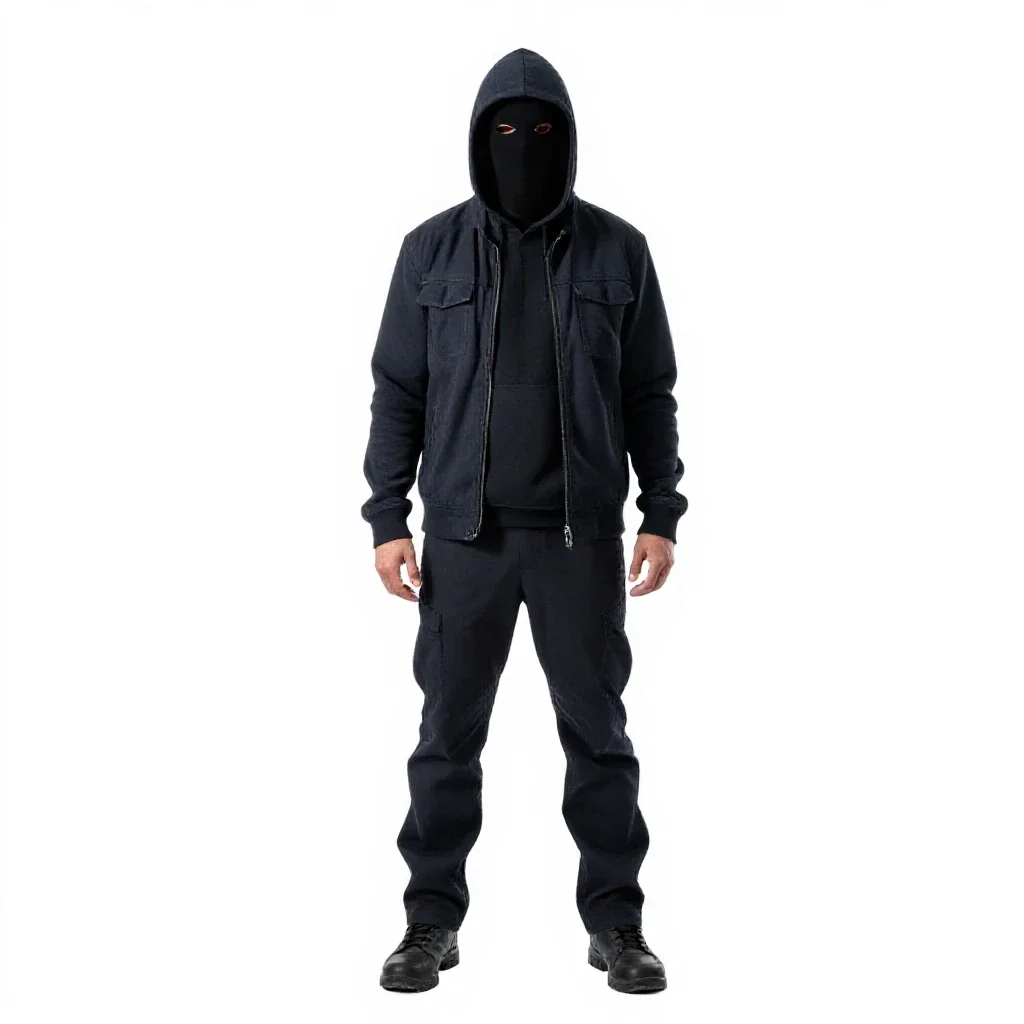 Masked assassin in dark cloth isolated on a white background