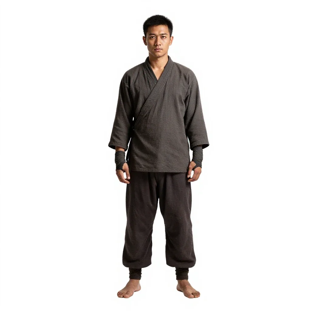 Monastic warrior with wrapped hands isolated on a white background