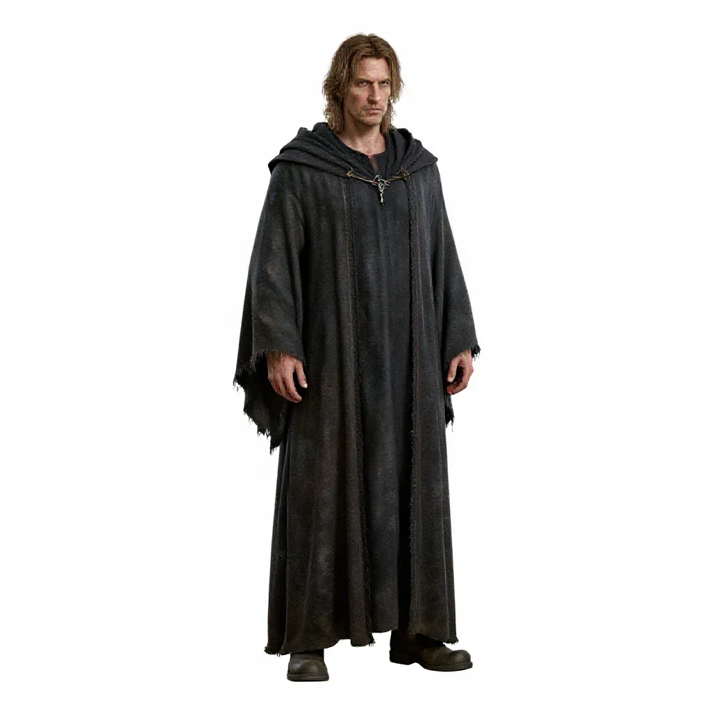 Necromancer in tattered robes isolated on a white background