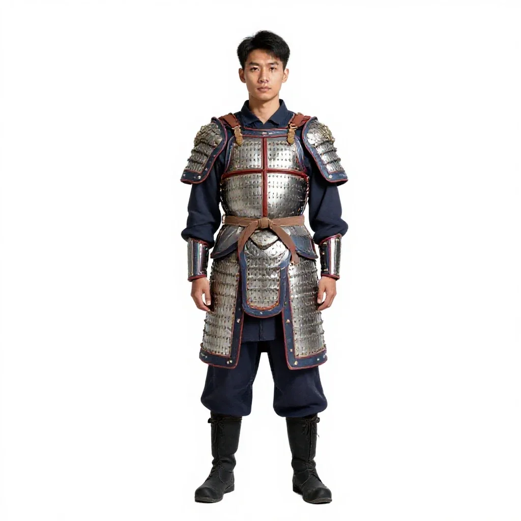 Temple guardian in ceremonial armour isolated on a white background