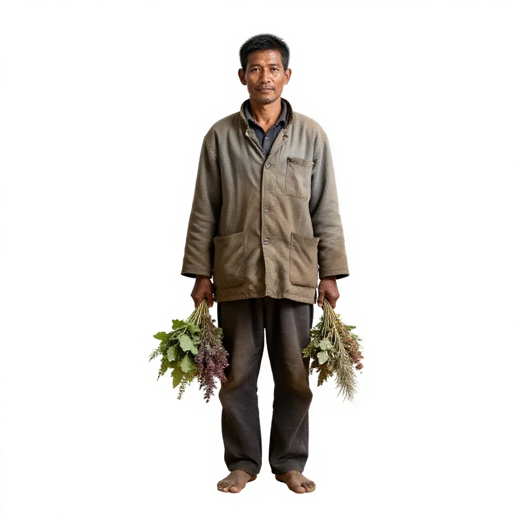 Village healer with herb bundles isolated on a white background