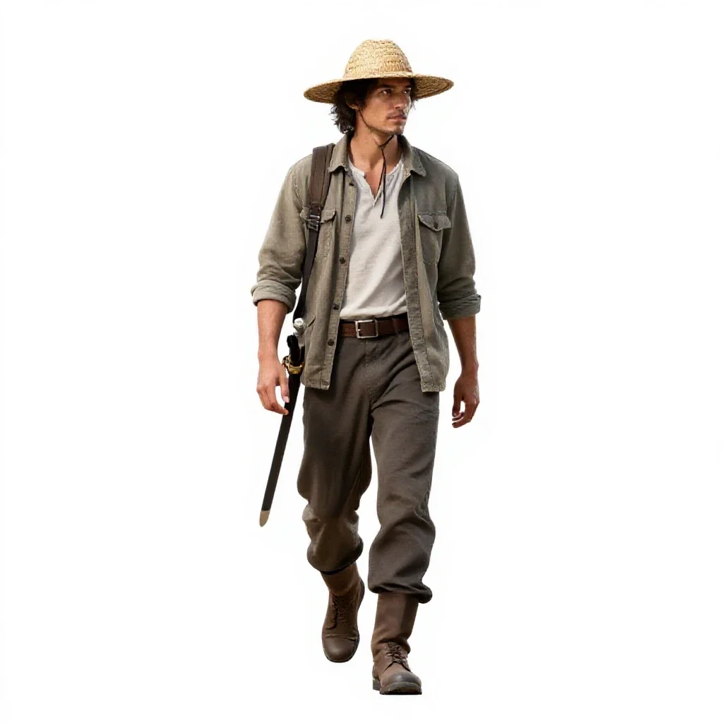 Wandering swordsman in a straw hat isolated on a white background