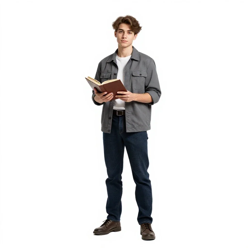 Young apprentice with a spellbook isolated on a white background
