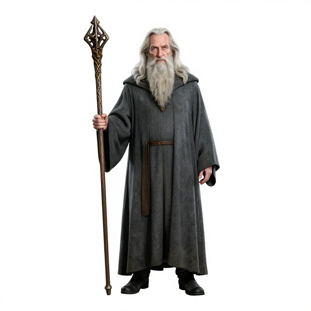Elder wizard with a rune staff isolated on a white background