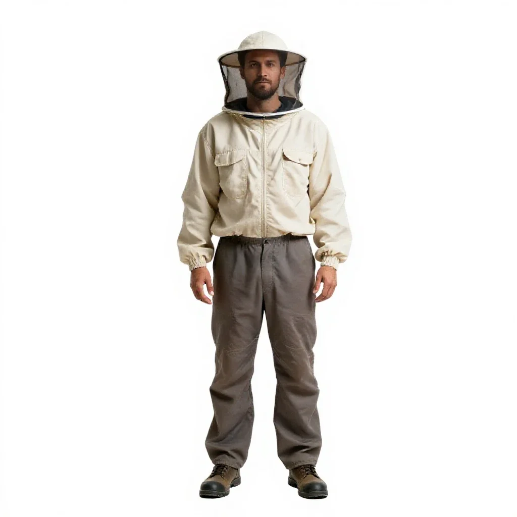 Beekeeper in a veiled suit isolated on a white background