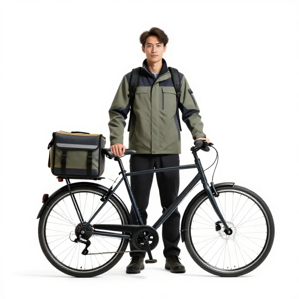 Bicycle courier with a messenger bag isolated on a white background