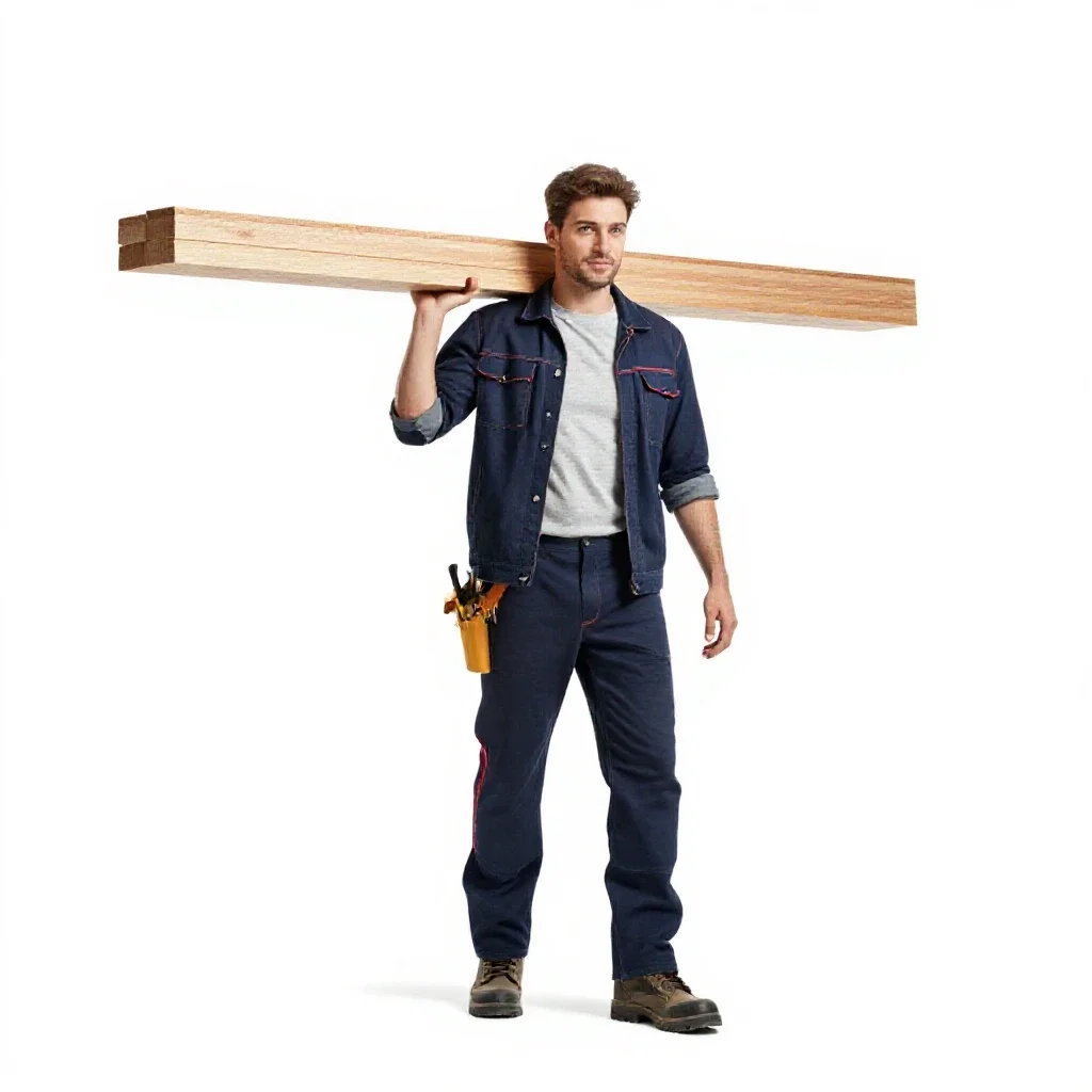 Carpenter shouldering timber isolated on a white background